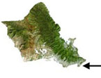 Arrow pointing to hanauma bay on south side of oahu island