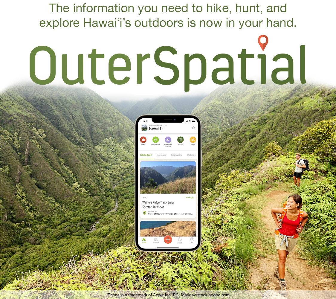 An image of two hikers in Hawaii and a smartphone graphic with text about the Outerspatial app