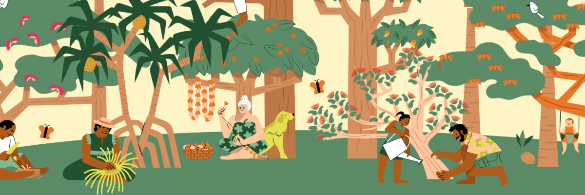 Graphics of people interacting with trees