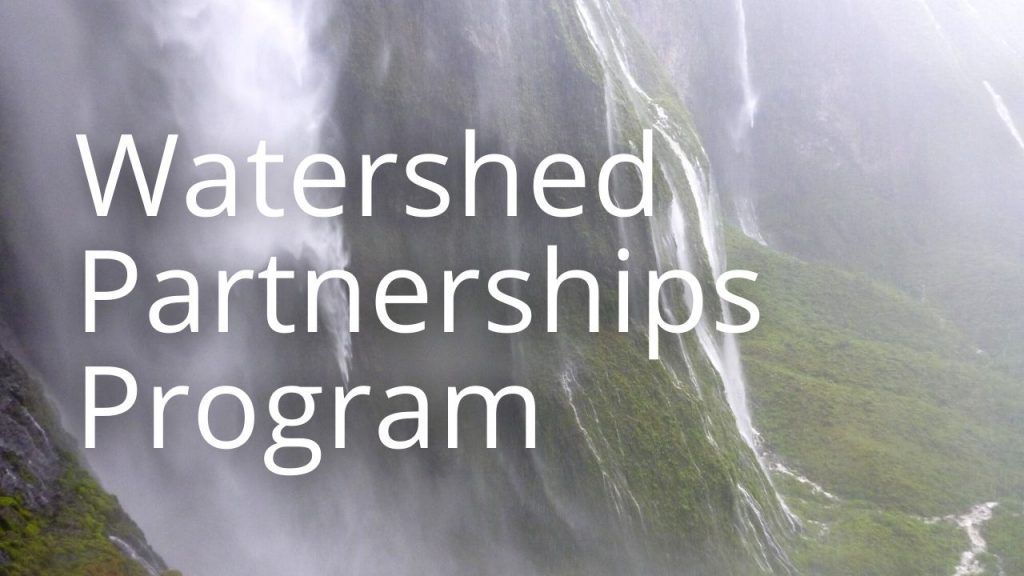 An image of a waterfall linking to a page called Watershed Partnerships Program