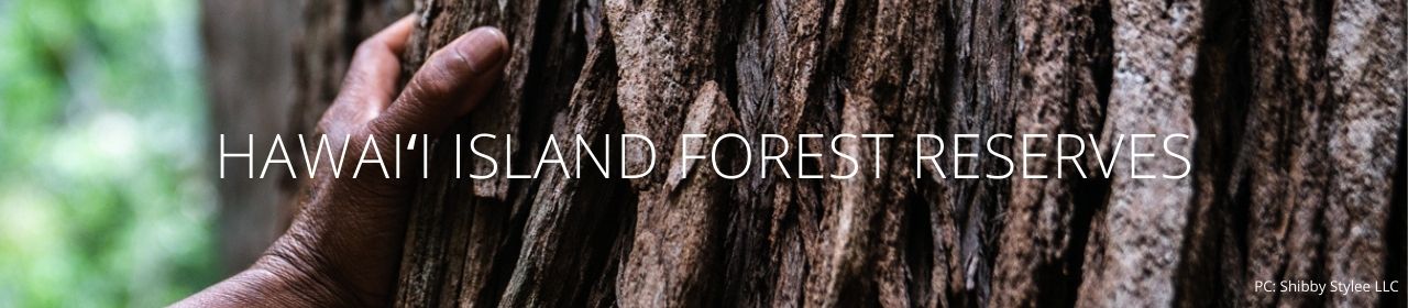 An image of a hand on a tree with the words Hawaiʻi Island Forest Reserves
