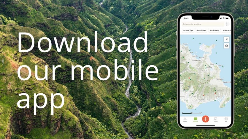 An image of a valley and graphic of a mobile phone, linking to the download page for the DOFAW Outerspatial app