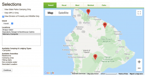 A map of Hawaiʻi Island linking to the camping reservation site
