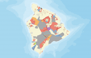 A map of Hawaiʻi Island linking to a webmap showing campsites, reserves, and trails