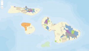 A map of Maui Nui linking to a webmap showing campsites, reserves, and trails