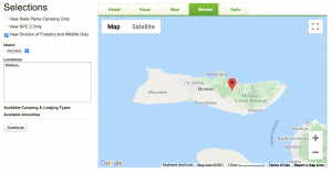 A map of Molokaʻi linking to the camping reservation site