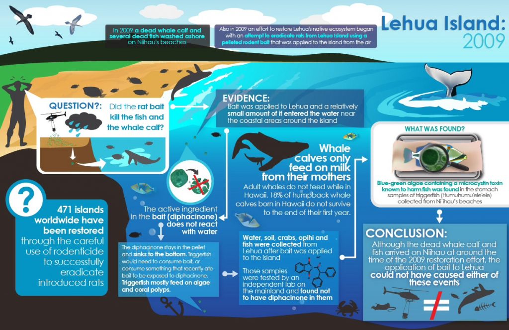 This infographic provides information related to the 2009 attempt to remove rats from Lehua, in particular looking at the relationship between the 2009 project and the death of fish near Niʻihau.