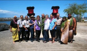 From left to right: Billy Mitchell Cedric Ota, Vice President HDCC Ed Underwood, Administrator, Division of Boating and Ocean Recreation Nancy Murphy, Hawaii District Manager, DOBOR Senator Solomon William Aila, Jr., Chairperson DLNR  Representative Evans Representative Hanohano William Wilson, President Hawaiian Dredging Construction company Kahu Keoni Atkinson Lilinoe Atkinson. Photo by Eric Yuasa, DOBOR