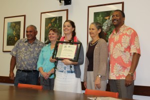 Left to right is William Aila; Christine Clarke, Acting Director for the Natural Resources Conservation Service in the Pacific Islands Area; M. Irene Sprecher, award recipient; Diane Ley, Executive Director for the Farm Service Agency; and Randy Moore, Pacific Southwest Regional Forester from the US Forest Service.