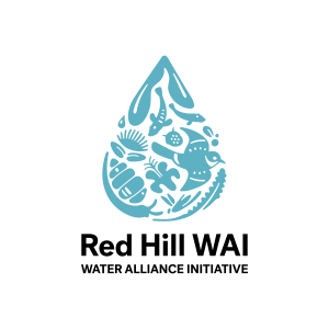 Logo: Various animals and plants of Hawaiʻi all colored aqua blue and arranged in the shape of a drop of water with the words "Red Hill WAI Water Alliance Initiative" at the bottom in black text.