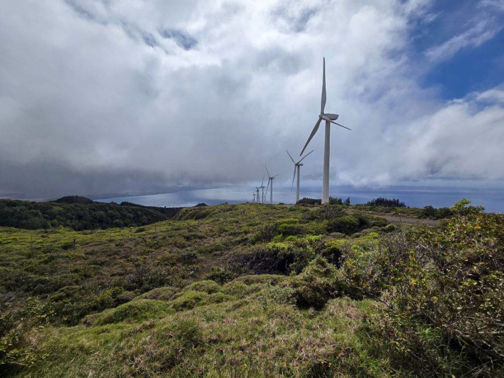 KWP wind turbines on Maui hillside overlooking the ocean in the distance