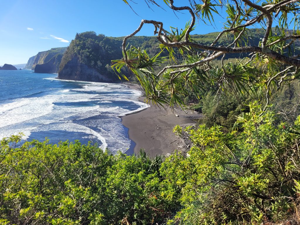 View from lookout above down to beach below. Steep cliffs line the shore in the background.