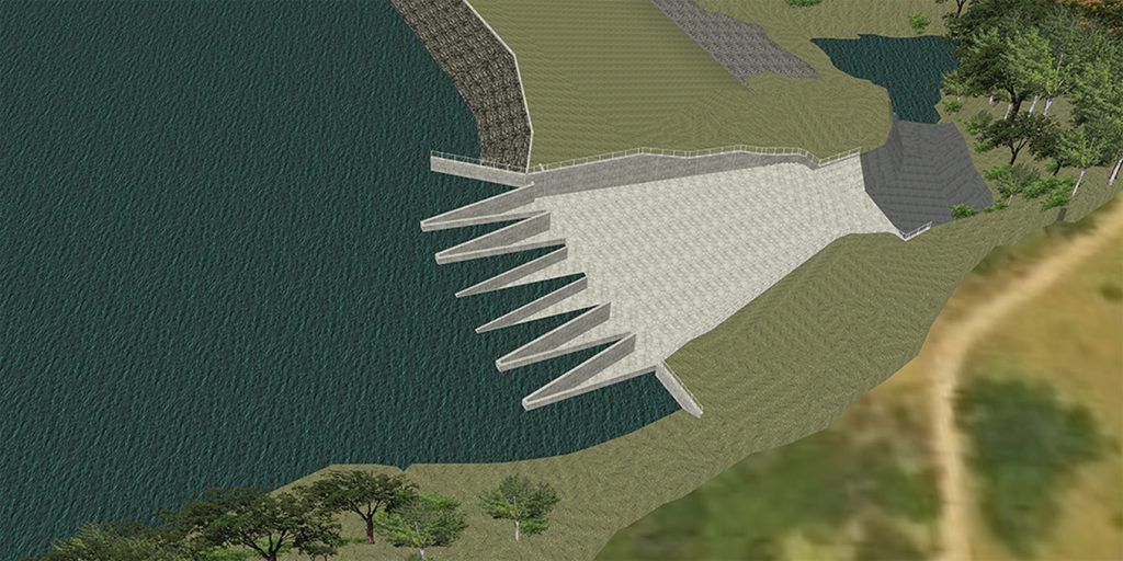 Computer generated rendering of the new Wahiawa Dam sawtooth spillway as viewed from above.